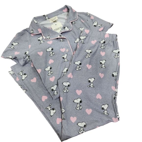 Peanuts Valentines Day Womens Snoopy Gray‎ Pajama Set With Pink Hearts Size L - Picture 14 of 15